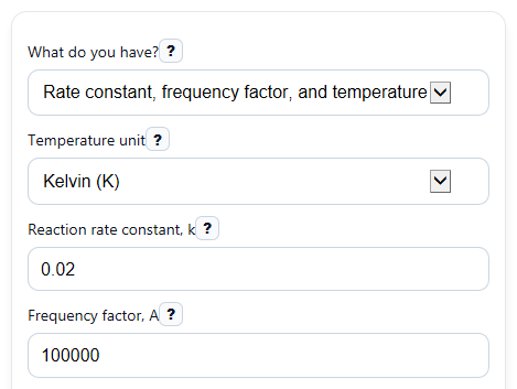 Example inputs for Activation Energy Calculator