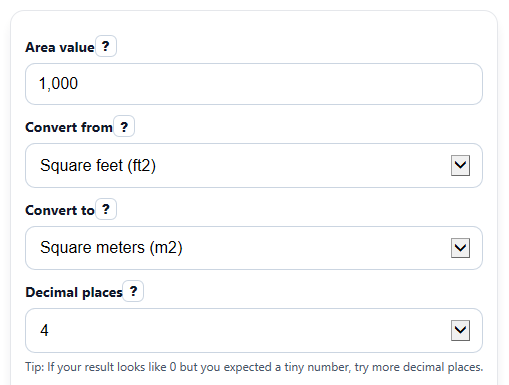 Example inputs for Area Converter Calculator