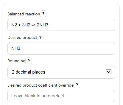 Example inputs for Atom Economy Calculator