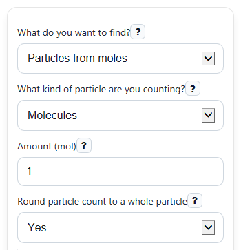 Example inputs for Avogadro's Number Calculator