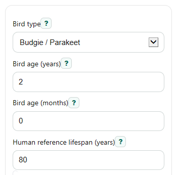 Example inputs for Bird Age Calculator