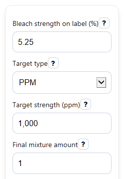 Example inputs for Bleach Dilution Calculator