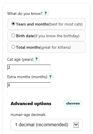 Example inputs for Cat Age Calculator