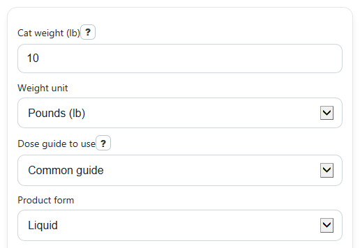 Example inputs for Cat Benadryl Dosage Calculator