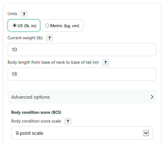 Example inputs for Cat BMI Calculator