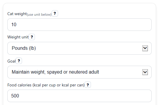 Example inputs for Cat Calorie Calculator