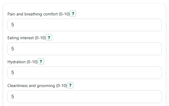Example inputs for Cat Quality of Life Calculator