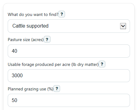 Example inputs for Cattle per Acre Calculator