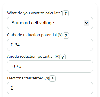 Example inputs for Cell EMF Calculator