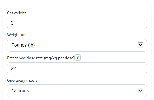 Example inputs for Cephalexin For Cats Dosage Calculator