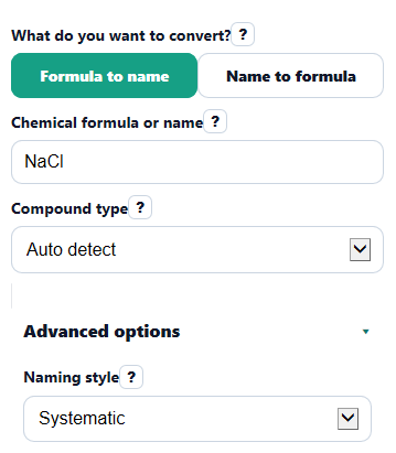 Example inputs for Chemical Name Calculator