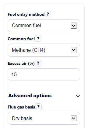 Example inputs for Combustion Analysis Calculator