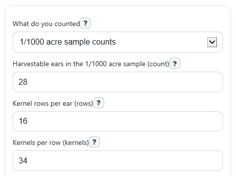 Example inputs for Corn Yield Calculator