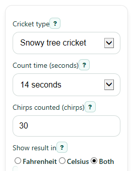 Example inputs for Crickets Chirping Thermometer Calculator