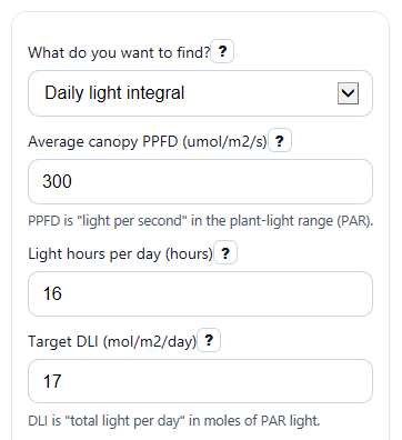 Example inputs for Daily Light Integral Calculator
