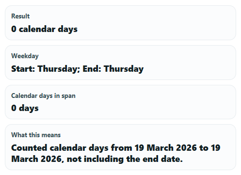 Example results from Day Counter Calculator