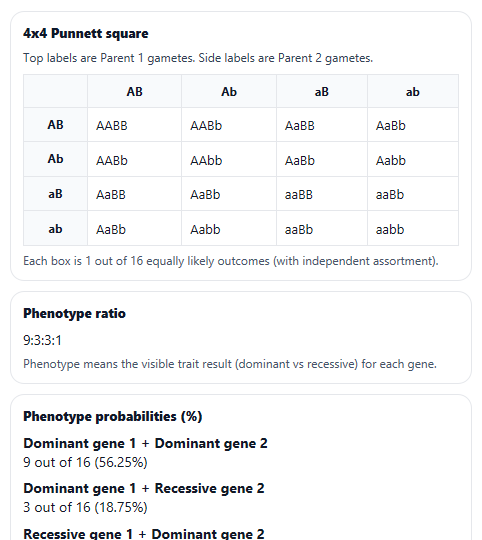 Example results from Dihybrid Cross Calculator - Punnett Square