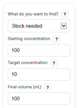 Example inputs for Dilution Factor Calculator