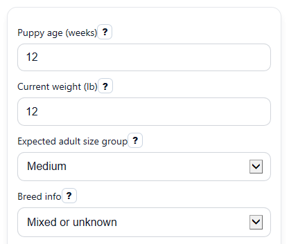 Example inputs for Dog Size Calculator