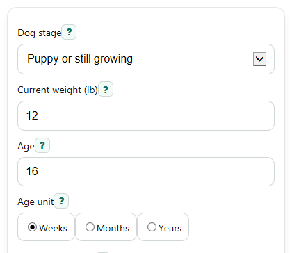 Example inputs for Dog Size Calculator Quiz