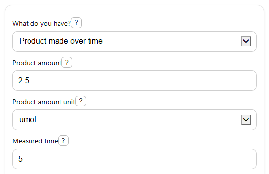 Example inputs for Enzyme Activity Calculator