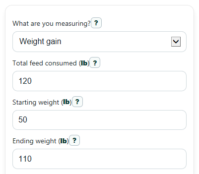 Example inputs for Feed Conversion Ratio Calculator