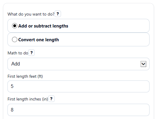 Example inputs for Feet and Inches Calculator