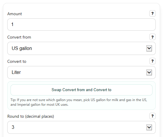 Example inputs for Gallon Calculator