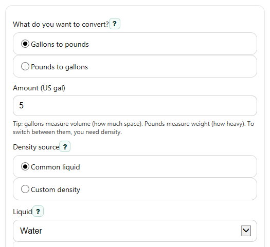 Example inputs for Gallons to Pounds Converter