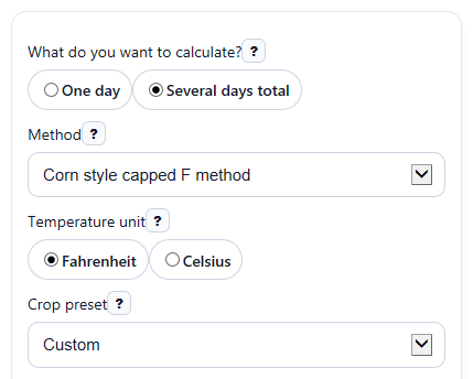 Example inputs for Growing Degree Units Calculator