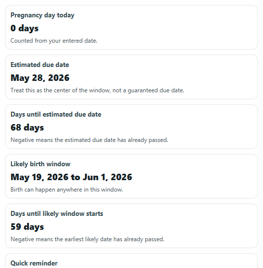 Example results from Guinea Pig Pregnancy Calculator