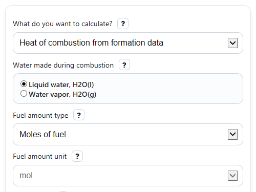 Example inputs for Heat of Combustion Calculator