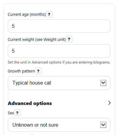 Example inputs for How Big Will My Cat Get Calculator
