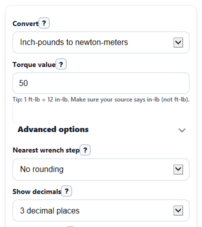 Example inputs for Inch-lbs to Nm Converter Calculator