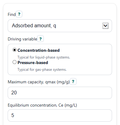 Example inputs for Langmuir Isotherm Calculator