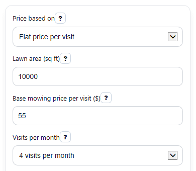 Example inputs for Lawn Mowing Cost Calculator