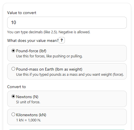 Example inputs for Lbs to Newtons Converter Calculator