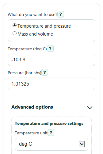 Example inputs for Liquid Ethylene Density Calculator