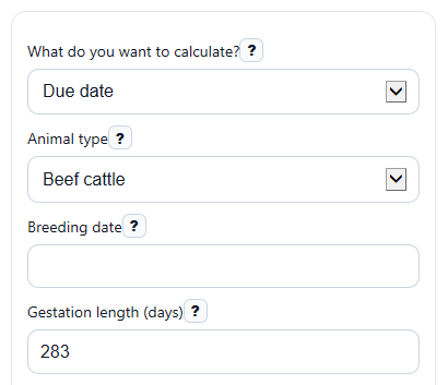Example inputs for Livestock Calculator