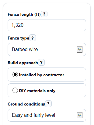 Example inputs for Livestock Fence Cost Calculator