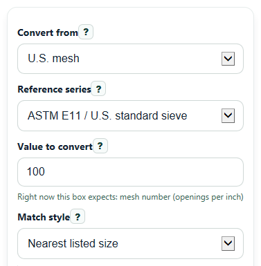 Example inputs for Mesh to Micron Converter Calculator