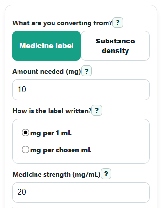 Example inputs for mg to mL Calculator