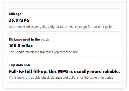 Example results from Mileage Calculator