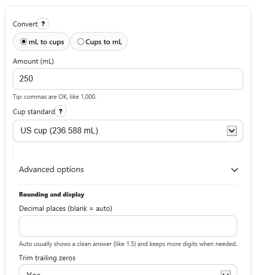 Example inputs for mL to Cups Converter Calculator