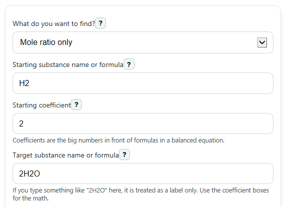 Example inputs for Molar Ratio Calculator