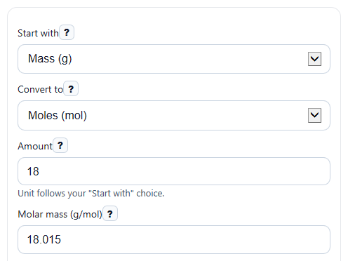 Example inputs for Mole Calculator