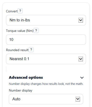 Example inputs for Nm to in-lbs Converter Calculator