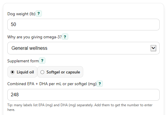 Example inputs for Omega-3 For Dogs Calculator