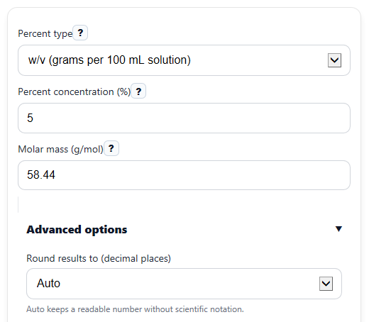 Example inputs for Percentage Concentration to Molarity Calculator