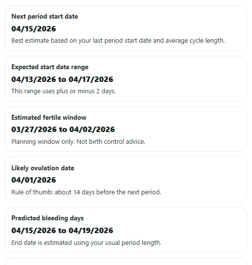 Example results from Period Calculator